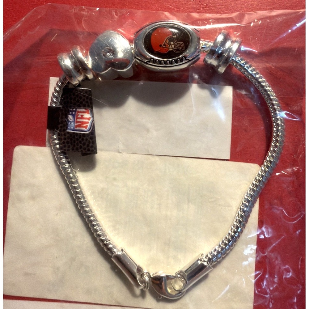NFL Cleveland Browns Licensed  Silver Tone BRACELET with Football & Heart Charms
